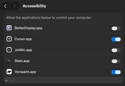 The macOS Accessibility pane, with the switch beside JotMic turning on.