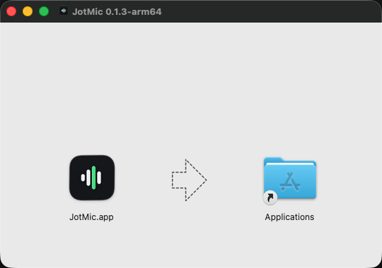 The JotMic disk image window: the JotMic app on the left, an arrow, and the Applications folder on the right.
