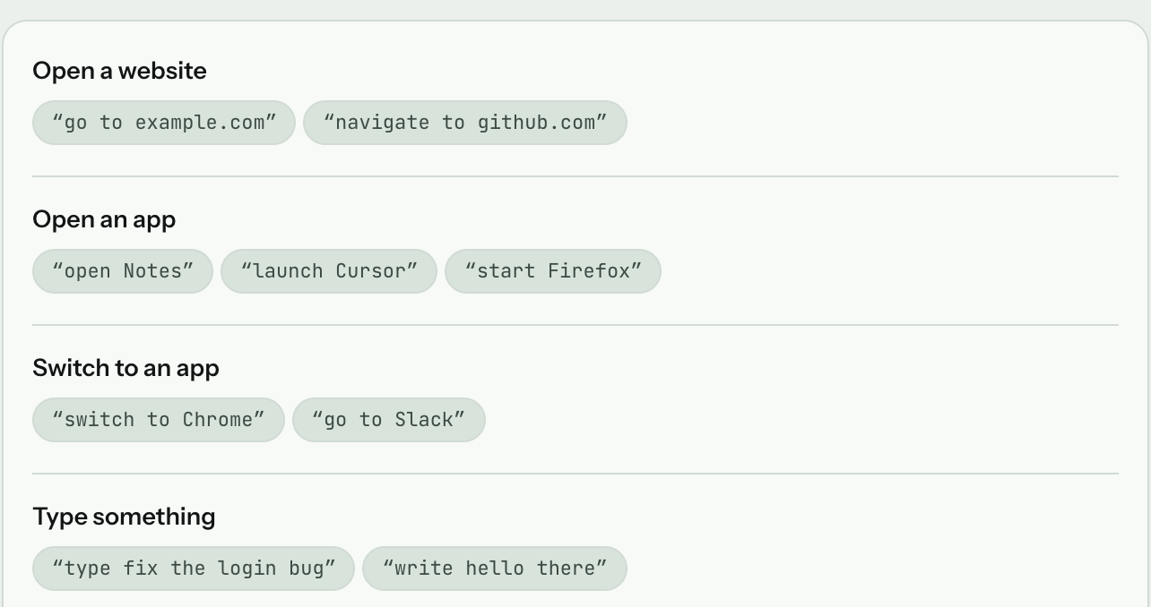 JotMic's Commands screen with real spoken examples for opening websites, opening apps, switching apps, and typing text.