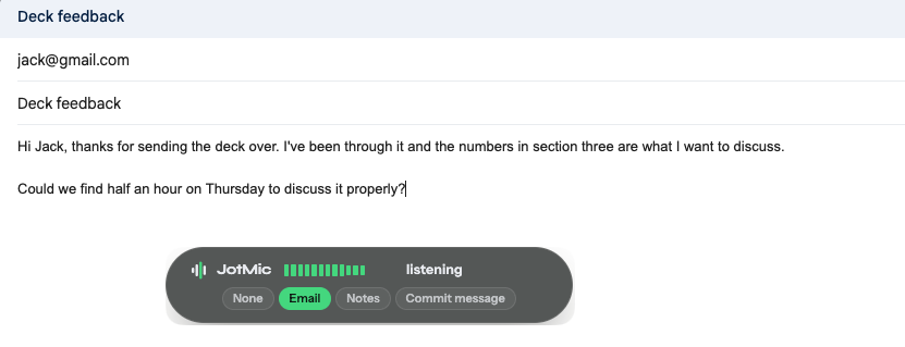A Gmail draft written by dictation, with the JotMic bar underneath showing Email mode selected.
