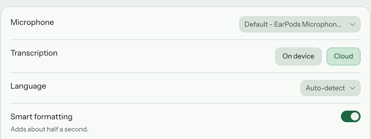 JotMic settings showing On device and Cloud transcription, with Cloud selected, automatic language detection, and smart formatting.